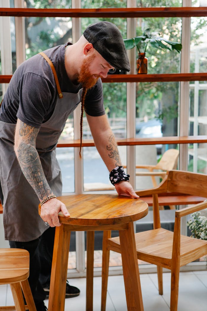 Side view of content tattooed male worker in apron putting wooden table on floor in cafeteria